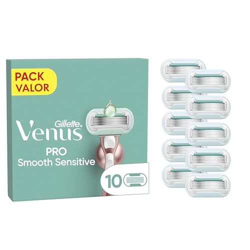 Gillette Venus Pro Smooth Sensitive Recambios Para Maquinilla De Mujer, Pack De 10 Cuchillas De Recambio Con 5 Hojas y Banda Lubricante