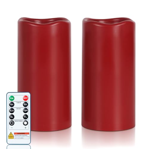Amagic 3x6 Red Flameless Candles with Remote Christmas Battery Operated Candles with Timer Waterproof LED Pillar Candles for Thanksgiving Table Home Outdoor Decor Plastic Set of 2