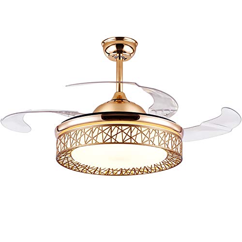 42 inch Modern Chandelier Ceiling Fan with Remote, Three Light Colors Ceiling Fan 4 Retractable Blades for Living Room Bedroom (Gold)