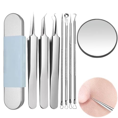 Juego de 7 pinzas para puntos negros, extractor de comedones y removedor de espinillas, de acero inoxidable, con caja de almacenamiento y espejo de aumento, para cuidado facial y limpieza de poros (1)