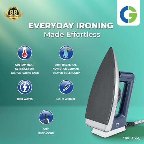 Image of CG -IRZI1000 Light Weight Dry Iron Press 1000 W with Anti-Bacterial Non-stick, German Coated Soleplate, 360 Degree Flexi Cord, BIS Certified 2 Yr Replacement Manufacturer Warranty