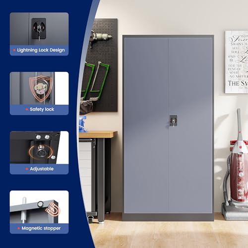 Image of Yizosh Metal Garage Storage Cabinet with Lock, 72 inch Locking Tool Cabinets with 2 Doors and 4 Shelves, Heavy Duty File Cabinet for Office, School (Gray Black)