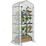 Outsunny Invernadero de Exterior con 4 Estantes, Invernadero Pequeño con Puerta Enrollable, Marco de Acero y Cubierta de PE 140g/㎡, Anti-UV para Plantas, Macetas, Flores, 70x50x160 cm, Blanco