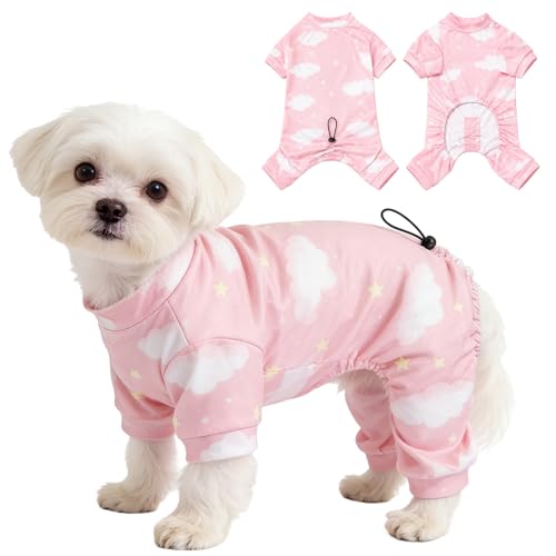 Fohuanky Hunde Schlafanzug für kleine Hunde, Weicher Atmungsaktiver Hund Overall mit Verstellbarer Rückenlänge, Ganzkörper Hundekleidung für Bichon Pudel Malteser Chihuahua XS-XL (Rosa, L)