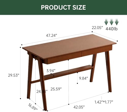 100% Solid Rubber Wood Desk Home Office Desk Mid Century Modern Writing Computer Desk with Drawer for Home Office 47" - Thumbnail 4