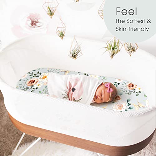 Image of Stretchy Ultra Soft Fitted Bassinet Sheets Set 2 Pack, Cradle Sheet Universal Fit for Rectangle, Oval, or Hourglass Bassinet Pad /Mattress, Safe and Snug for Baby, Stylish Watercolor Flora for Girls