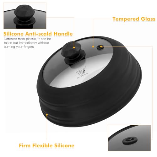 Image of Microwave Splatter Cover Vented Glass Splatter Guard Lid with Collapsible Silicone for Food as Pot Cover Plate 9.8 inch Black