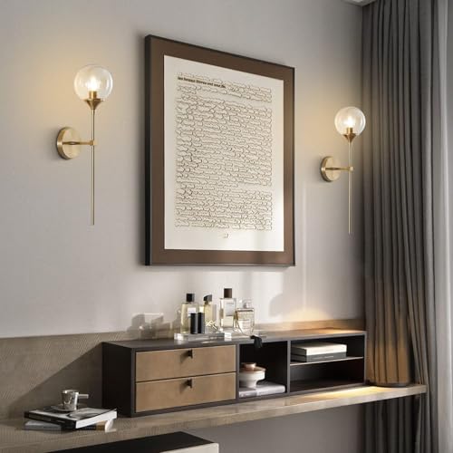 Image of KCO Mid-Century Modern Wall Mounted Sconces Set of 2 Amber Glass Globe Wall Lamps with Long Arm Industrial Gold Wall Lights Fixture for Bedroom Bedside Stairway Hallway