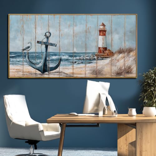 Image of Bird Wall Decor,Beach Wall Art For Living Room, Lighthouse Large Framed Canvas Coastal Pictures Arts for Walls,Blue Poster Prints for Home Office 29 inchx58 inch