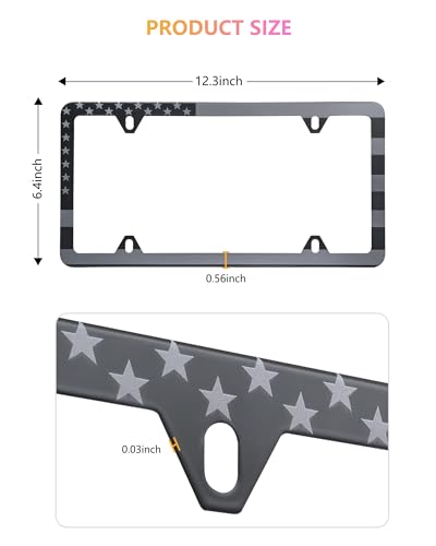 American Flag License Plate Frames - 2 Pack Black Stainless Steel Patriotic USA Car Tag Frame with UV-Printed Flag & 3D Metal Decals