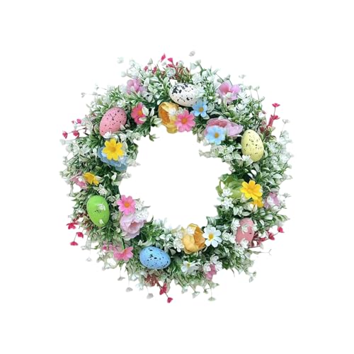 Demsyeq Coronas de huevos de Pascua de 35 cm para puerta delantera, corona de Pascua artificial, decoración de huevos, flores silvestres, guirnalda de primavera, flores coloridas para decoración de