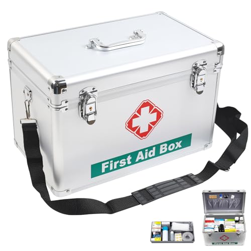 Gemsaya Medical Storage Box, Large Lockable Medicine Storage Box Organiser with Handle, Portable First Aid Box Empty with Shoulder Strap & Compartment, Household Medical Locked Box, 36.5x24x22 cm