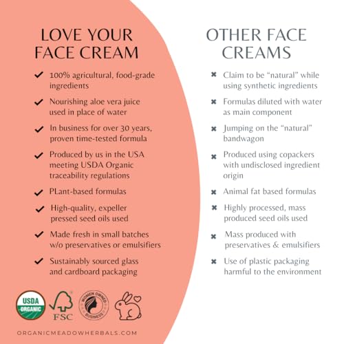 Organic Meadow Herbals Love Your Face Cream 2oz. USDA Certified Organic. Rich Facial Moisturizer for all skin types. Woman-owned & Operated Since 1994