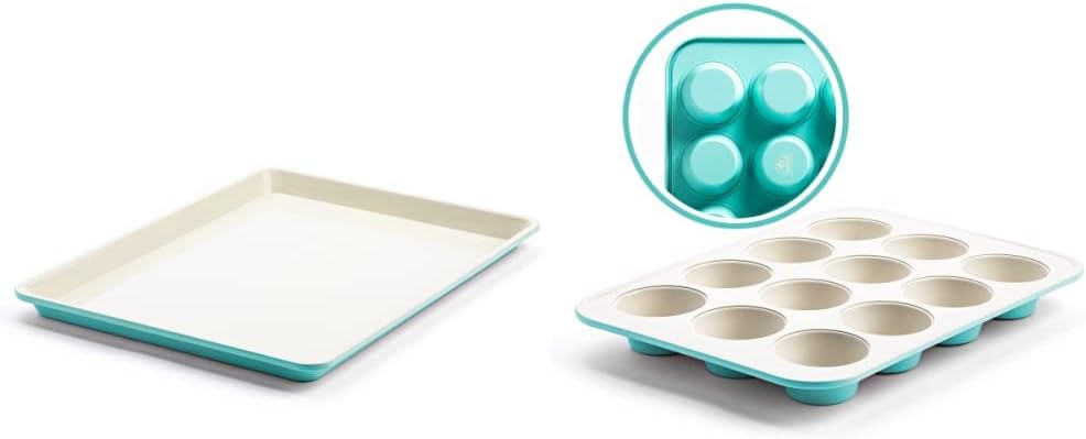 GreenLife Bakeware Healthy Ceramic Nonstick 18" x 13" Half Cookie Sheet Baking Pan, PFAS-Free, Turquoise & Bakeware Healthy Ceramic Nonstick, 12 Cup Muffin and Cupcake Baking Pan, PFAS-Free, Turquoise