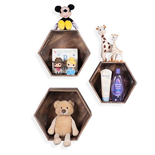 Rustic State Brooks Wall Mount Hexagon Honeycomb Box Geometric Floating Shelf Display Hanging Bookshelf Decorative Picture Ledge With Wood Back - Distressed Walnut - Multi Sizes - Set Of 3 #TOP3