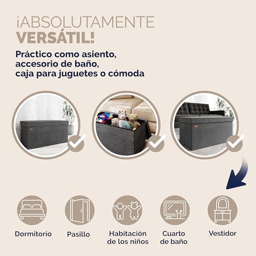 CASARIA® Banco Almacenaje Plegable Puff Reposapiés Otomana Almacenamiento Salón Dormitorio Capacidad Carga 300kg Resistente Efecto Lino 80x40x40cm Gris Oscuro - imagen 7