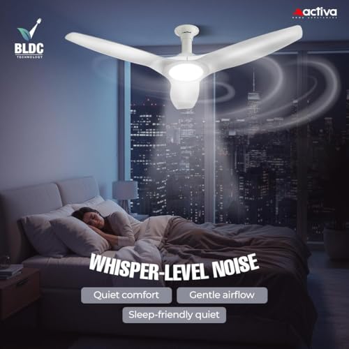 Image of ACTIVA Silentair 1200mm BLDC Ceiling Fan with LED Light & Remote | 28W BEE 5 Star Fan | Reversible Mode | High Speed Airflow | Silent Operation | Premium Decorative Ceiling Fan | (White)
