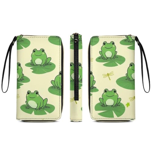 Long PU Zipper Wallet With Rope, Travel Purse Fashion Design, Huge Storage Capacity Wallet, Cute Decor Purse For Men And Women Cute Frog Animal Green Frogs3