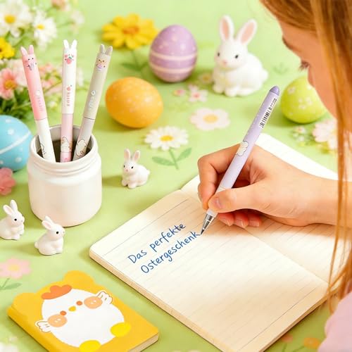 YDUNARISE 4er Ostern Radierbarer Kugelschreiber Set, mit 4 Mini Notizblöcke,Lustig Osterstifte,Radierbare Stifte Ostern,Gelschreiber Blau,Ostergeschenk für Studenten,Schule Büro (Ostern-A, 4)