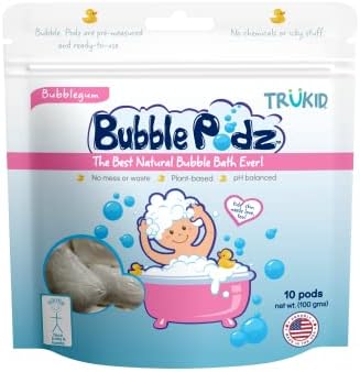 TruKid Bubble Podz Bubble Bath for Baby & Kids, Gentle Refreshing Bath Bomb for Sensitive Skin, pH Balance 7 for Eye Sensitivity, Natural Moisturizers and Ingredients, Bubble Gum (10 Podz)