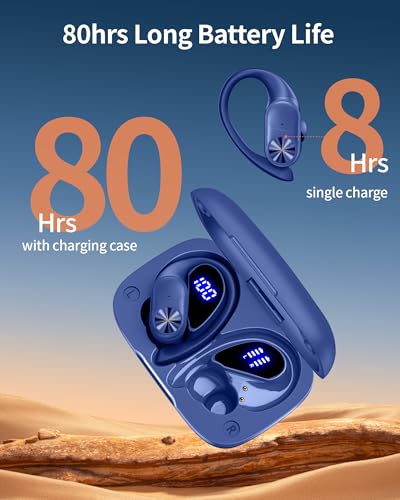 Image of PocBuds Bluetooth Headphones Wireless Earbuds 80hrs Playtime Wireless Charging Case Digital Display Sports Ear Buds with Earhook Deep Bass IPX7 Waterproof Over-Ear Earphones for TV Phone Laptop Navy