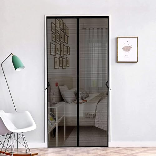 Image of KARP Fiberglass Mosquito Net for Door with Stay-Open Buckle (90 cm X 210 cm, Black) | Auto-Closing Insect Screen Full Frame Hook & Loop for All Door Types