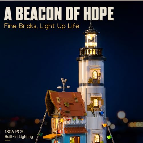 serfiman Mini Bricks Lighthouse Building Set for Adults, 1806 Pcs Harbor Fishing Cabin Model Kit with LED Lights, Coastal Beach House Architecture Gift for Women Men, Collectible Island Diorama — view 4