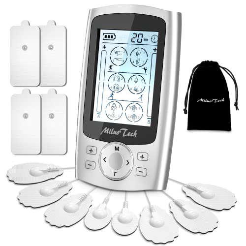 MiluoTech 24 Modes TENS EMS Unit, Dual Channel Muscle Stimulator Machine with 12 Pads, Rechargeable TENS Machine Pulse Massager for Natural Pain Relief Therapy