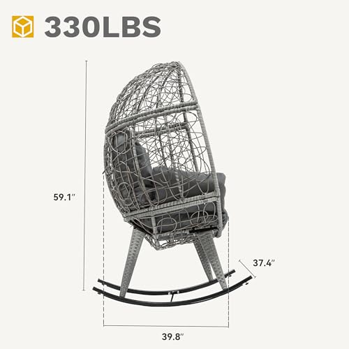 DWVO Wicker Rocking Egg Chair, Oversized Indoor Outdoor Rattan Rocking Chair, Indoor Outdoor Lounger for Patio, Backyard, Living Room, Gray