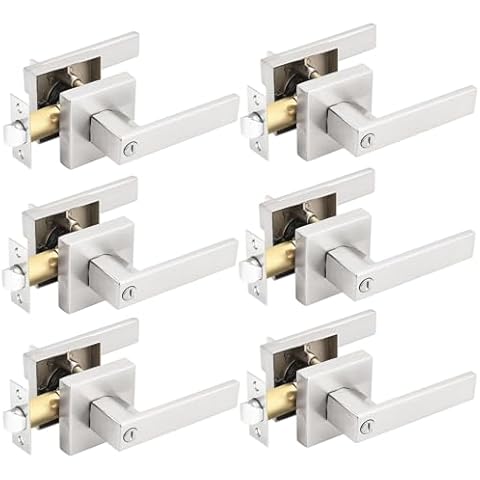Gobrico Pack of 6 Square Door Handles Levers, Bedroom and Bathroom Privacy Locks Satin Nickel Finished, Keyless Interior Door Locksets Door Knobs Cover