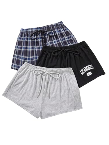 Image of WDIRARA Women's 3 Pack Plaid Letter Graphic Pajama Shorts Lounge Shorts | Elastic Waist ,Comfortable,Home Living,Sleepwear
