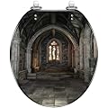 Round Toilet Seat Old ruined corridor medieval castle church picture frames walls 3D Resin Toilet Seat Slow Quiet Close Lid with Quick-Release Hinges Cover Bumpers Easy to Clean Install