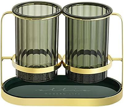 Kitchen Utensil Holder for Countertop Knives Forks Rack Chopsticks Cage Double Barrel Detachable Water Tray Quick Water Draining Golden/Green