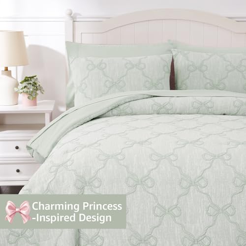 Image of Queen Comforter Set with Sheets for Girls-7 Pieces Bow Bed in A Bag | Soft Jacquard Queen Size Bedding Sets with Light Green Comforter, Pillowcases & Shams, 90 inch X 90 inch