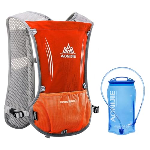 Laufrucksack Trinkrucksack 5L Leichter Laufen Rucksack Fahrradrucksack mit Optional Trinksystem für Damen Herren (Orange mit 1.5LTrinkblase)