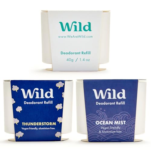 Wild - Natürliches nachfüllbares Deo - Aluminiumsalzfrei - Nachfüll-Sortenpaket enthält Fresh Cotton & Sea Salt, Ocean Mist und Thunderstorm Düfte - Lang anhaltender Schutz