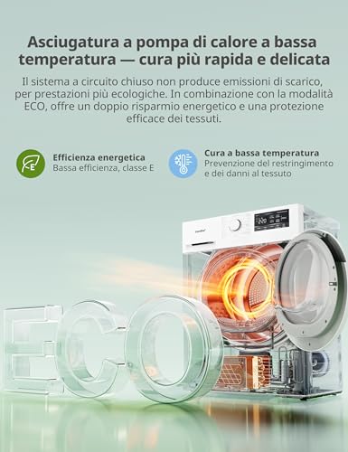 COMFEE' Asciugatrice 8 kg a Pompa di Calore, Asciugatura Rapida 35', Anti-piega, Tecnologia EcoDry, Libera Installazione, Rinfresco, 16 Programmi, Bianca, 595x600x850 mm - CFP01EH80W - Immagine 3