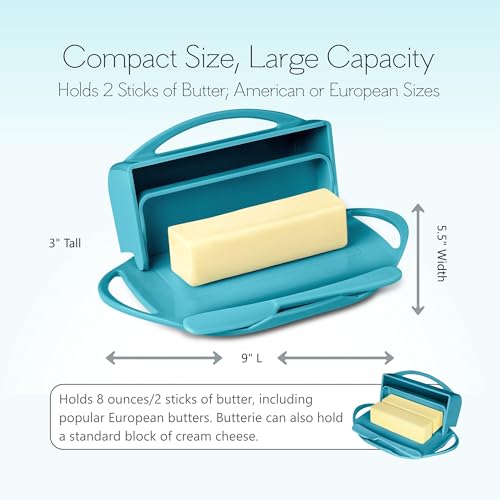 Image of Butterie Flip Top Butter Dish with Attached Lid & Matching Knife - Holds 2 Sticks, Fits Kerrygold /European Butter - BPA Free & Dishwasher Safe - Aqua