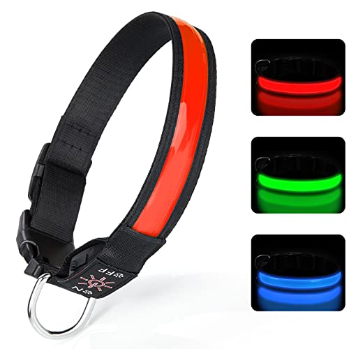 TENXSNUG Collare Luminoso per Cani Ricaricabile USB, Collare LED Regolabile con 3 Modalità di Illuminazione per Cani di Piccola Media Grande Taglia in Tutta Sicurezza di Notte - Rosso - M