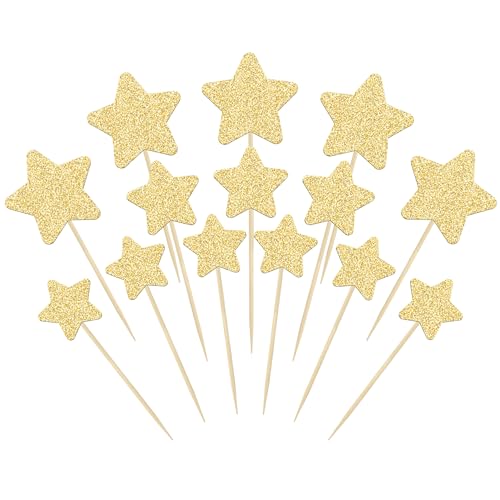 Gyufise 42Pcs Star Cupcake Toppers Gold Glitter Assembled Twinkle Star Cupcake Picks Wedding Engagement Bridal Shower Birthday Party Cake Decorations Supplies Mixed Size