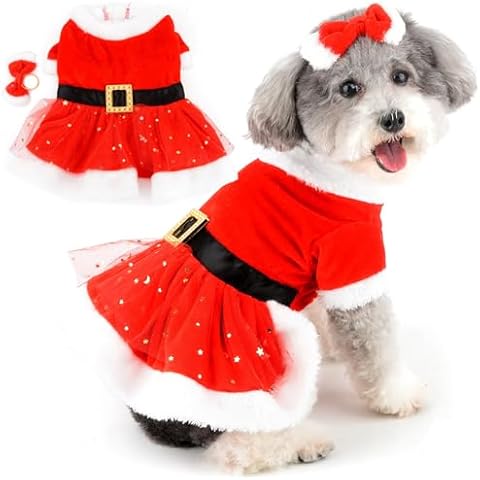 Zunea Christmas Dog Dresses for Small Dogs Girl Winter Xmas Puppy Princess Dress with Belt & Cute Bow Knot Hair Ties Fleece Lace Pet Skirt Santa Claus Costumes Chihuahua Yorkie Clothes Outfits Red M Cover