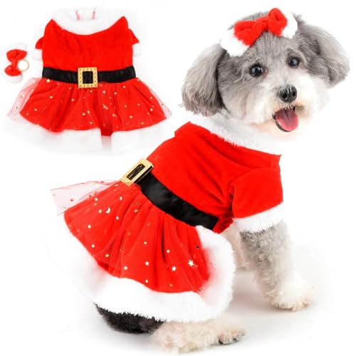 Zunea Robes de Noël pour Petits Chiens Filles Robe de Princesse d'hiver avec Ceinture et Nœud Papillon Mignon Attaches de Cheveux en Polaire et Ceinture Jupe Costumes de Père Noël Chihuahua Rouge XL