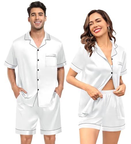 SWOMOG Couple Silk Satin Pajama Set Women & Men Short Sleeve 2pc Pjs Button Down Sleepwear Loungewear