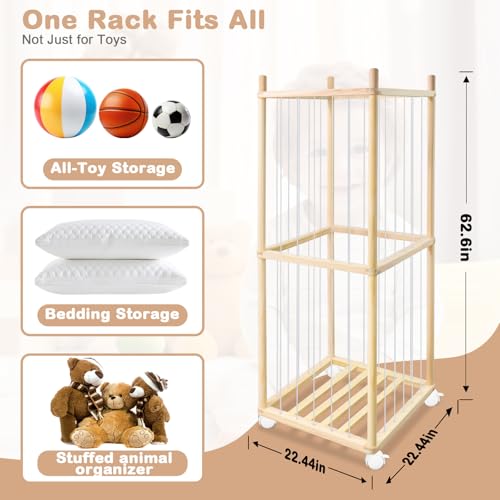 Image of Stuffed Animal Storage, Wood Stuffed Animal Zoo Storage with Brake Wheels, Space Save Toy Organizer, Large Capacity Stuffed Animal Holder, Perfect for Nursery Playroom Kidroom Bedroom-62.6 Inch