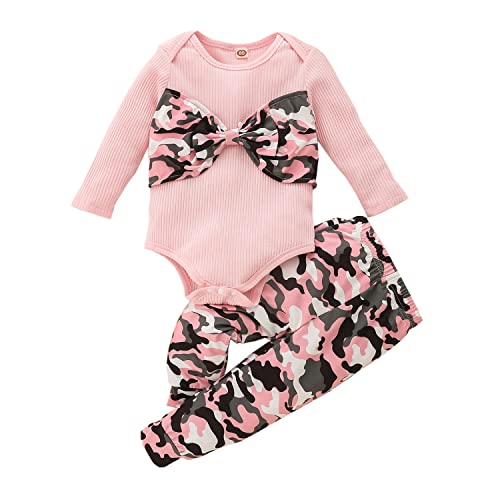 Verve Jelly Trajes para niñas recién nacidas, Pelele con lazo acanalado, mono, pantalones de camuflaje, ropa infantil de Otoño Invierno, 2 uds., rosa 80 6-12 meses