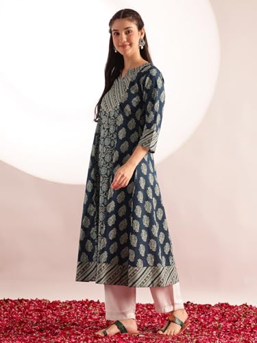Image of Vbuyz Women's Floral Print A-Line Cotton Stitched Kurta