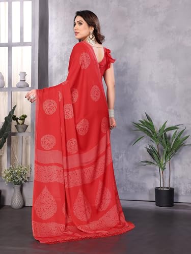 Image of Amazon Brand - Tavasya Womens Blocked Printed Daily Wear Chiffon Georgette Saree With Blouse With Blouse