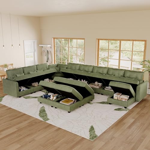 Image of LLappuil 14-Seat Modular Sectional Sofa with Storage, 163 inch Oversized U-Shaped Corduroy Couch with 10 Throw Pillows, Pet-Friendly Convertible Pit Sofa for Large Spaces, Skin-Friendly, Green