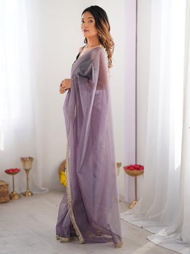 Image of AKHILAM Women's Shimmer Net Solid Saree With Unstitched Blouse Piece