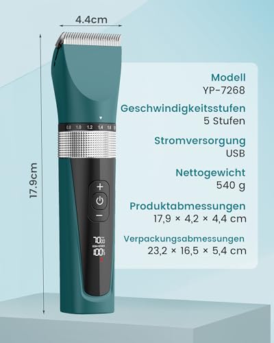 oneisall Schermaschine Katze Leise, Profi Haarschneidemaschine für langhaarkatzen, 5-Geschwindigkeiten Katzenrasierer mit LCD-Display, IPX6 Wasserdicht, Einfache Reinigung (Grün)